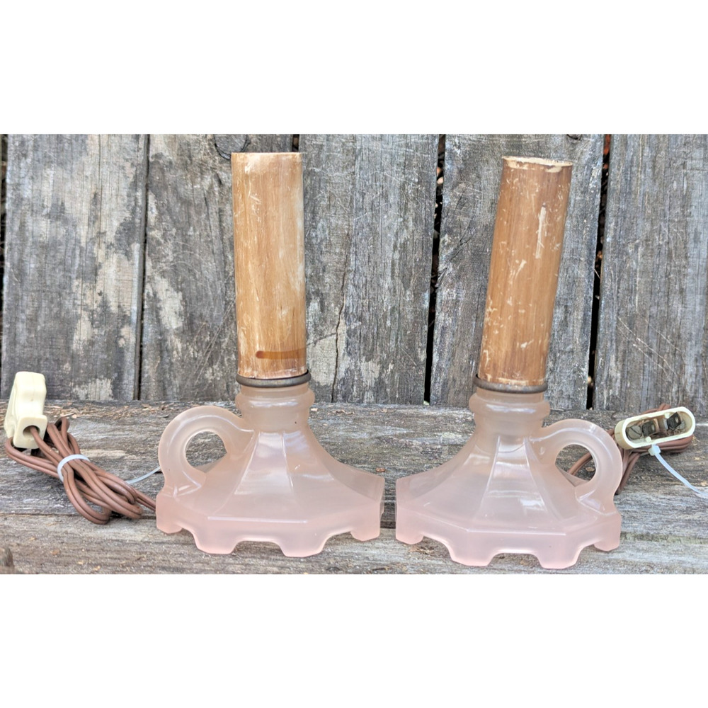 Art Deco Houze Coralex Pink Glass Finger Hole Boudoir Lamp Pair Set - AS IS